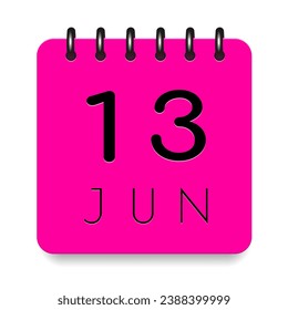 13 day of the month. June. Pink calendar daily icon. Black letters. Date day week Sunday, Monday, Tuesday, Wednesday, Thursday, Friday, Saturday. Cut paper. White background. Vector illustration.
