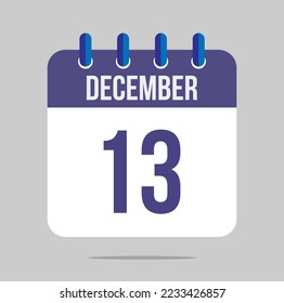 13 december calendar vector. Calendar icon for december with marked date. Design for schedules, meetings and appointments