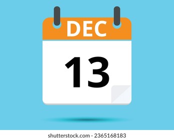 13 December. Flat icon calendar isolated on blue background. Vector illustration.