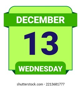 13 de diciembre, miércoles. Plantilla de fecha. Diseño útil para la promoción de calendarios o eventos. Ilustración vectorial Archivo EPS 10. Aislado sobre fondo blanco.