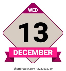 13 de diciembre, miércoles. Plantilla de fecha. Diseño útil para la promoción de calendarios o eventos. Ilustración vectorial Archivo EPS 10. Aislado sobre fondo blanco.