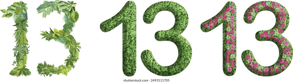 13, design made from green grass, leaves and flower, .suitable for birthday, anniversary and memorial day templates, go green concept	

