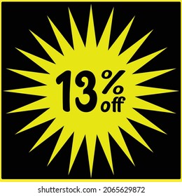 13% discount off , Black Friday, black Friday discounts, numbers with retail and store discounts, yellow icon and black background