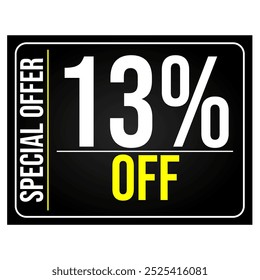 13% discount tag, black, white and yellow rectangular shape, perfect for retail sales, commerce and 
marketing promotions