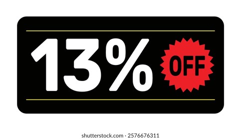 13% discount tag icon vector Black, white and rad design rectangular shape