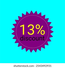 13% etiqueta de desconto. Rótulo roxo e amarelo. Promoções de lojas, vendas de comércio online. Treze por cento de desconto.