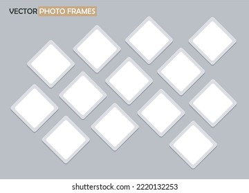 13 empty rhombus photo frames. Set of square photo cards. Vector realistic Mockup for design, presentations, photos, collages. Blank template on gray. EPS10. 