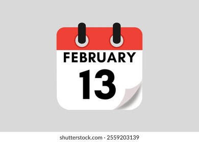 13 February calendar icon text page monthly web design on red, white, black and ash background vector, icon, or illustration with the month of February 13