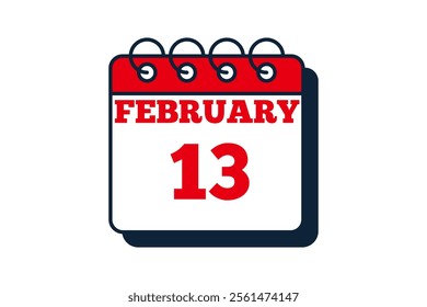 13 February calendar icon text page monthly web design on red, black and white background vector, icon, or illustration with the month of February 13