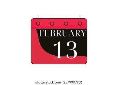 13 February calendar icon text page monthly web design on red, black and white background vector, icon, or illustration with the month of February 13