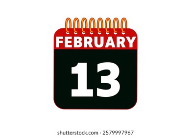 13 February calendar icon text page monthly web design on red, black and white background vector, icon, or illustration with the month of February 13
