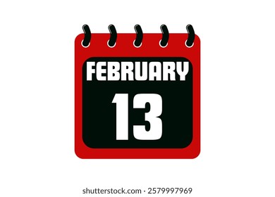 13 February calendar icon text page monthly web design on red, black and white background vector, icon, or illustration with the month of February 13
