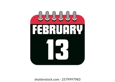 13 February calendar icon text page monthly web design on red, black and white background vector, icon, or illustration with the month of February 13