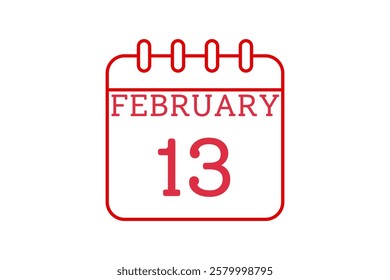 13 February calendar icon text page monthly web design on red and white background vector, icon, or illustration with the month of February 13