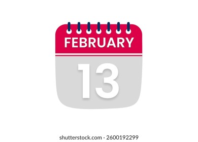 13 February month single day vector, illustration, calendar with red, off white and white color background calendar February 13