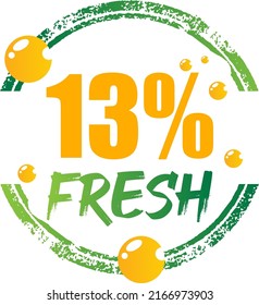 13% Fresh Vector Illustration of fresh food on Green, Orange and white background, graphic label or sticker and product label