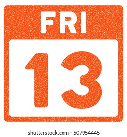 13 Friday Calendar Page grainy textured icon for overlay watermark stamps. Flat symbol with dust texture. Dotted vector orange ink rubber seal stamp with grunge design on a white background.