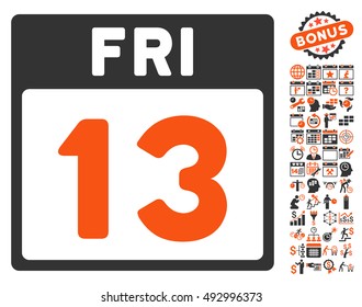13 Friday Calendar Page icon with bonus calendar and time management pictogram. Vector illustration style is flat iconic bicolor symbols, orange and gray colors, white background.