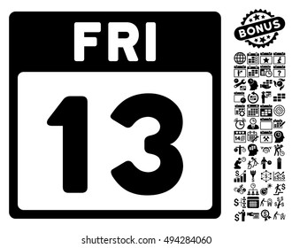 13 Friday Calendar Page icon with bonus calendar and time management design elements. Vector illustration style is flat iconic symbols, black color, white background.