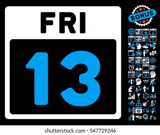 13 Friday Calendar Page icon with bonus calendar and time management images. Vector illustration style is flat iconic symbols, blue and white, black background.
