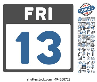 13 Friday Calendar Page pictograph with bonus calendar and time management graphic icons. Vector illustration style is flat iconic bicolor symbols, cobalt and gray colors, white background.