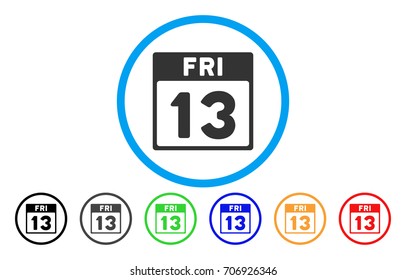 13 Friday Calendar Page vector rounded icon. Image style is a flat gray icon symbol inside a blue circle. Bonus color versions are gray, black, blue, green, red, orange.