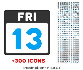 13 Friday vector pictogram with additional 300 date and time management icons. Style is bicolor flat symbols, blue and gray colors, rounded angles, white background.