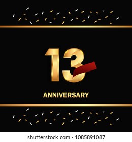 13 gold anniversary celebration design with red ribbon and glitter element, isolated on black background