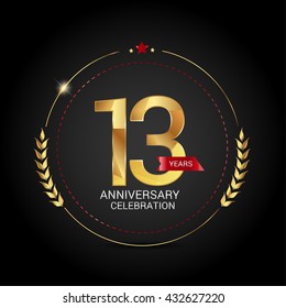 13 golden anniversary logo with red ribbon, low poly design number