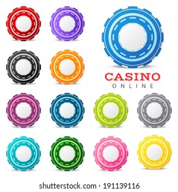 13 highly detailed gambling chips over white background