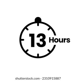 13 hours clock sign icon. service opening hours, work time or delivery service time symbol, vector illustration isolated on white background