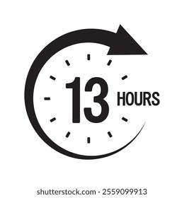 13 hours icon. Thirteen hours focus. Countdown arrow clock. Time tracking vector.