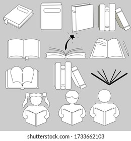 13 icons of books in different poses, open, closed, children and adults are holding books, stacks of books.