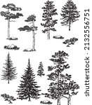 13 inked tree woodland elements pine spruce fir  cedar rock arbor vector graphics  - realistic black monotone- isolated black silhouette on white background