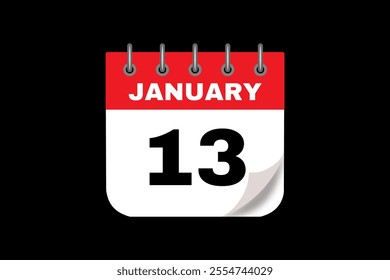 13 January calendar icon text page monthly web design on red, white and black background vector, icon, or illustration with the month of January 13