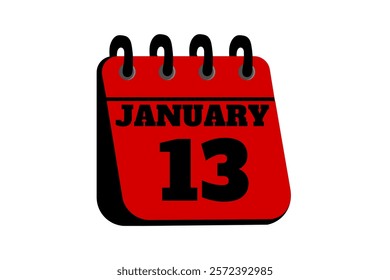 13 January calendar icon text page monthly web design on red, black and white background vector, icon, or illustration with the month of January 13