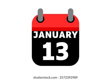 13 January calendar icon text page monthly web design on red, black and white background vector, icon, or illustration with the month of January 13