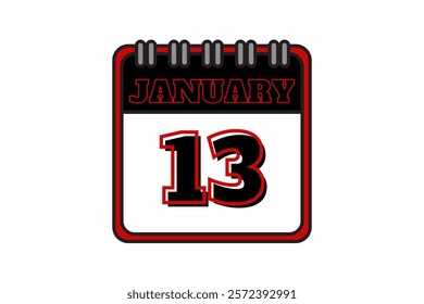 13 January calendar icon text page monthly web design on red, black and white background vector, icon, or illustration with the month of January 13