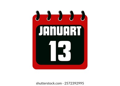 13 January calendar icon text page monthly web design on red, black and white background vector, icon, or illustration with the month of January 13