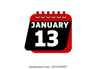 13 January calendar icon text page monthly web design on red, black and white background vector, icon, or illustration with the month of January 13