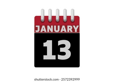 13 January calendar icon text page monthly web design on red, black and white background vector, icon, or illustration with the month of January 13