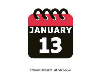 13 January calendar icon text page monthly web design on red, black and white background vector, icon, or illustration with the month of January 13