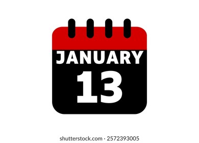 13 January calendar icon text page monthly web design on red, black and white background vector, icon, or illustration with the month of January 13