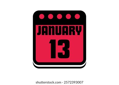 13 January calendar icon text page monthly web design on red, black and white background vector, icon, or illustration with the month of January 13