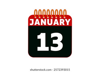 13 January calendar icon text page monthly web design on red, black and white background vector, icon, or illustration with the month of January 13