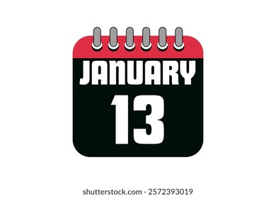 13 January calendar icon text page monthly web design on red, black and white background vector, icon, or illustration with the month of January 13