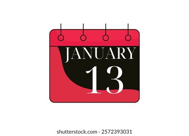 13 January calendar icon text page monthly web design on red, black and white background vector, icon, or illustration with the month of January 13