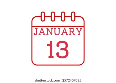 13 January calendar icon text page monthly web design on red and white background vector, icon, or illustration with the month of January 13 