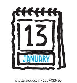 13 January date calendar - A simple yet elegant line art illustration of a date calendar captures the essence of organization and timekeeping. The clean lines and minimalistic design