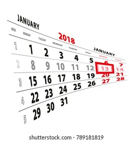 13 January highlighted on calendar 2018. Week starts from Monday. Vector Illustration.